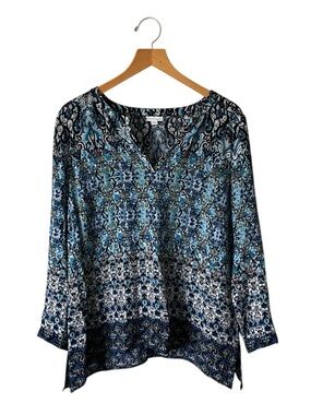 J Jill Blue Boho Geometric Blouse Sz Large Womens Pullover Tunic V Neck Peasant